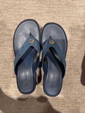 Coach Navy Platform Denim-Trim Wedge Flip Sandals with Gold Accent